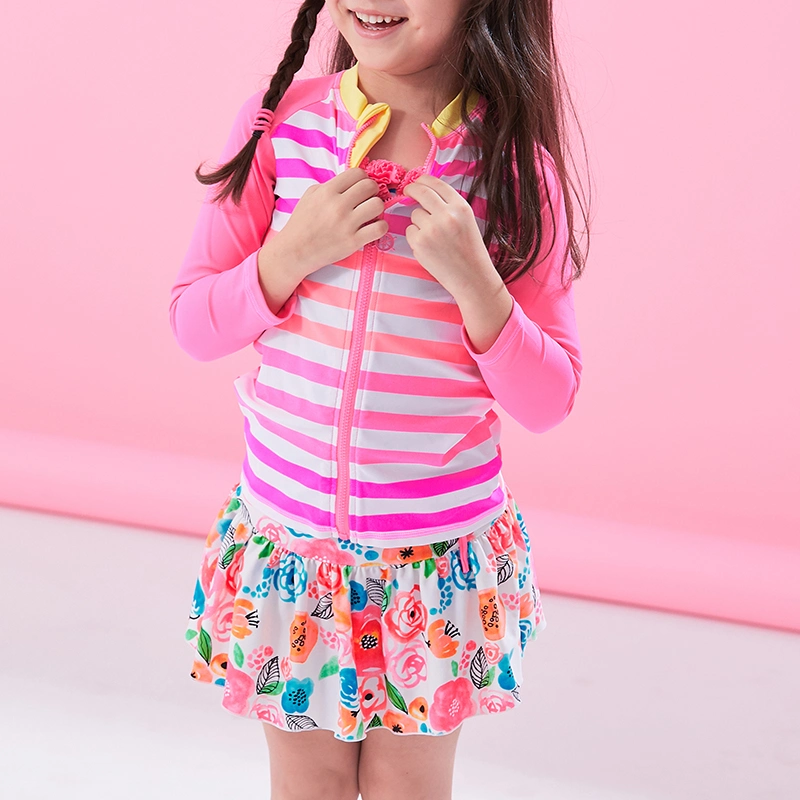 2021 Fashionable Girls Striped Print T-Shirt Contrast Flower Prints Simwear Dress Simwear