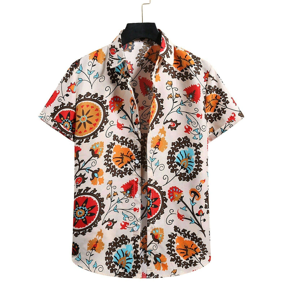 Men Blouse Hawaiian Shirts Summer Beach Holiday Button T Shirt Tops