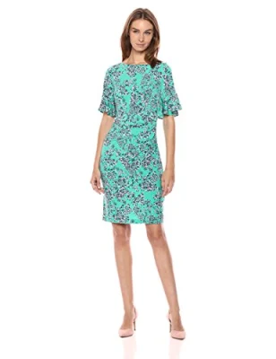 Women′s Floral Print Short Sleeve Sheath Full Flutter Sleeves Close-Fitting Dresses