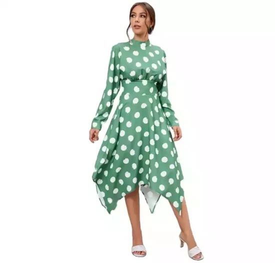 New Design Casual Irregular Long Sleeve Polka DOT Dress Fashion Elegant Print Tightening Belt Women′s Long Dresses